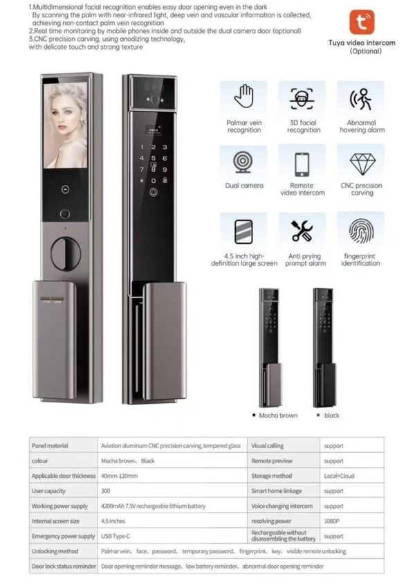 Tuya Smart door lock with advanced 3D biometric facial recognition & palm vein - Image 2