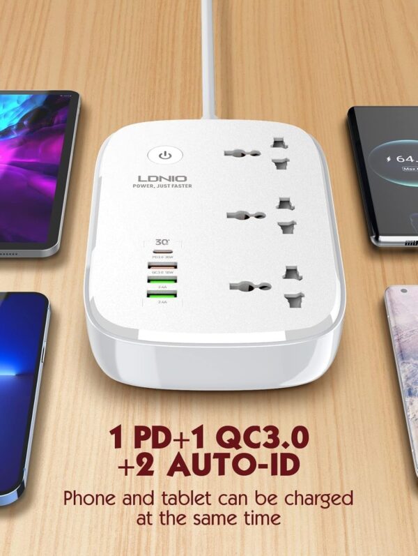 ⁦شريط طاقة Wi-Fi ذكي مع 3 منافذ تيار متردد عالمية ، 1 منفذ PD ، 1 منفذ طاقة QC 3.0 ، 2 منافذ معرف تلقائي⁩ - الصورة ⁦3⁩