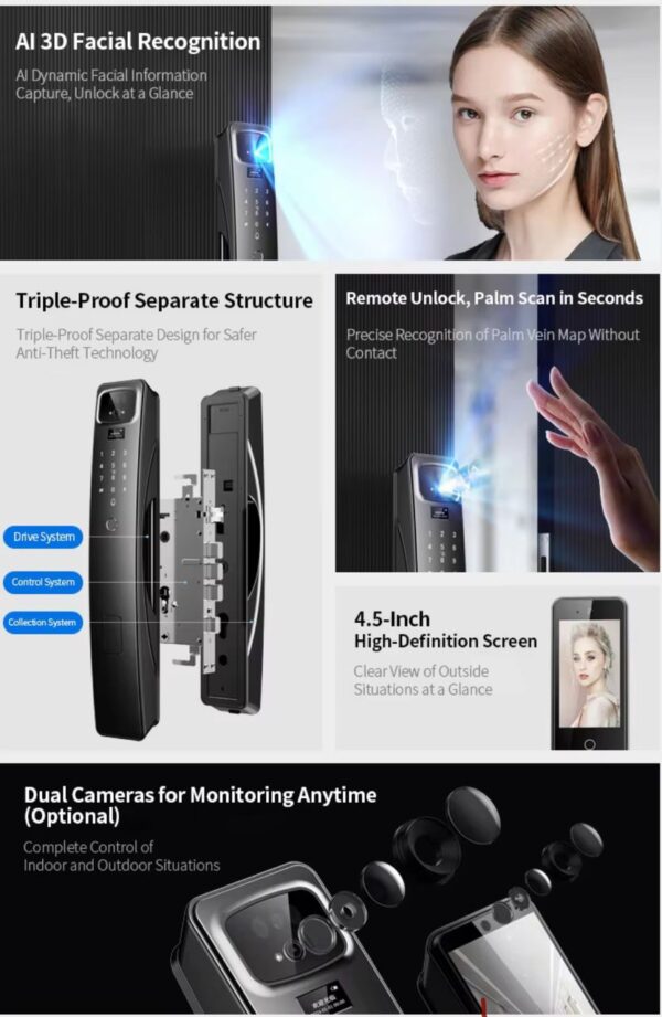 Tuya Smart Door Lock with 3D Face ID, Palm vein, Video intercom - Image 14